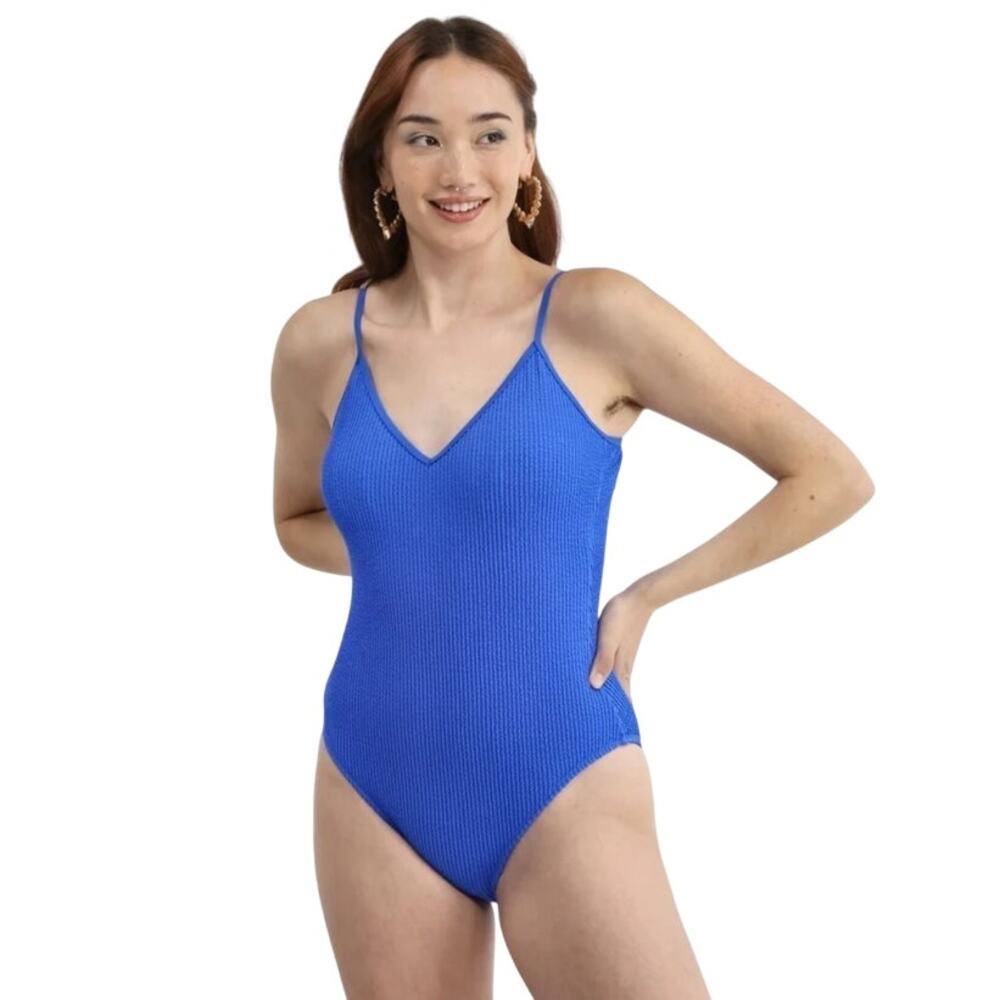 No Boundaries Women's Herringbone Crinkle One Piece Swimsuit, Size XS Blue-  NWT